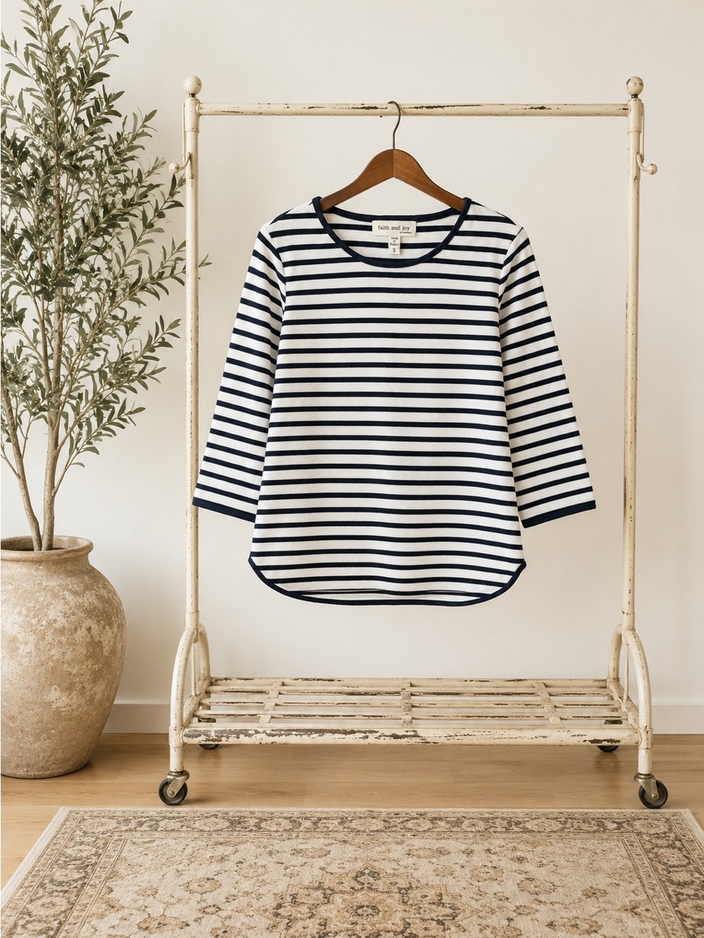 Faith and Joy Navy and White Striped Boatneck Long Sleeve Top
